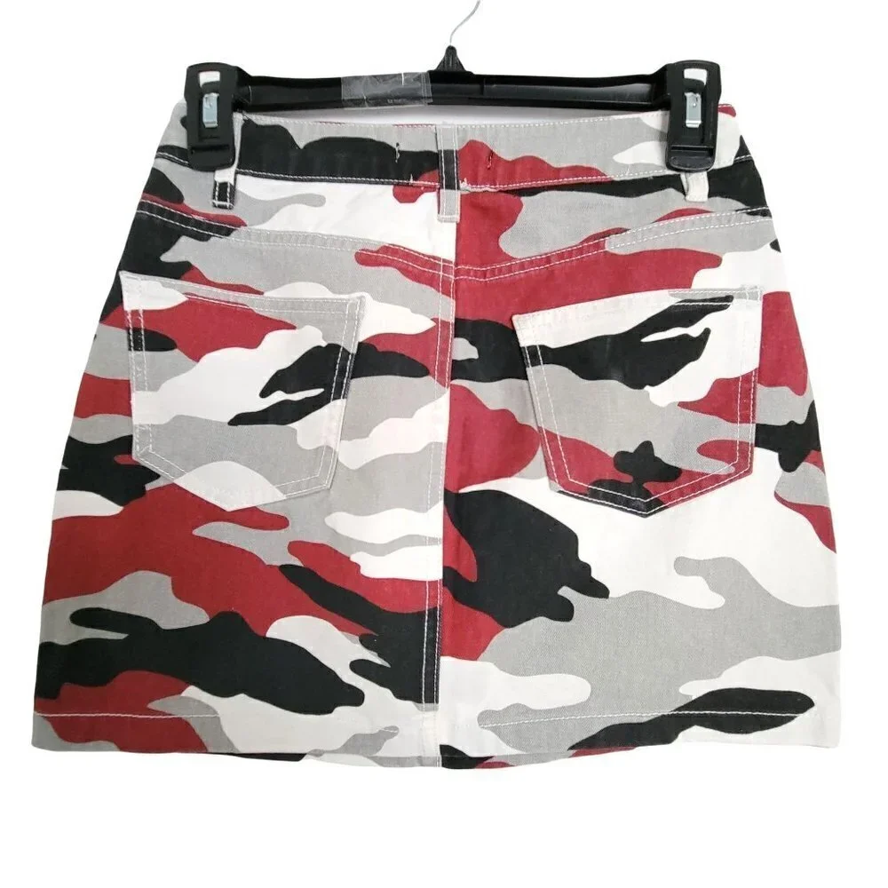 Forever 21 Red Black White Army Camouflage Mini Denim Jean Skirt Size Small